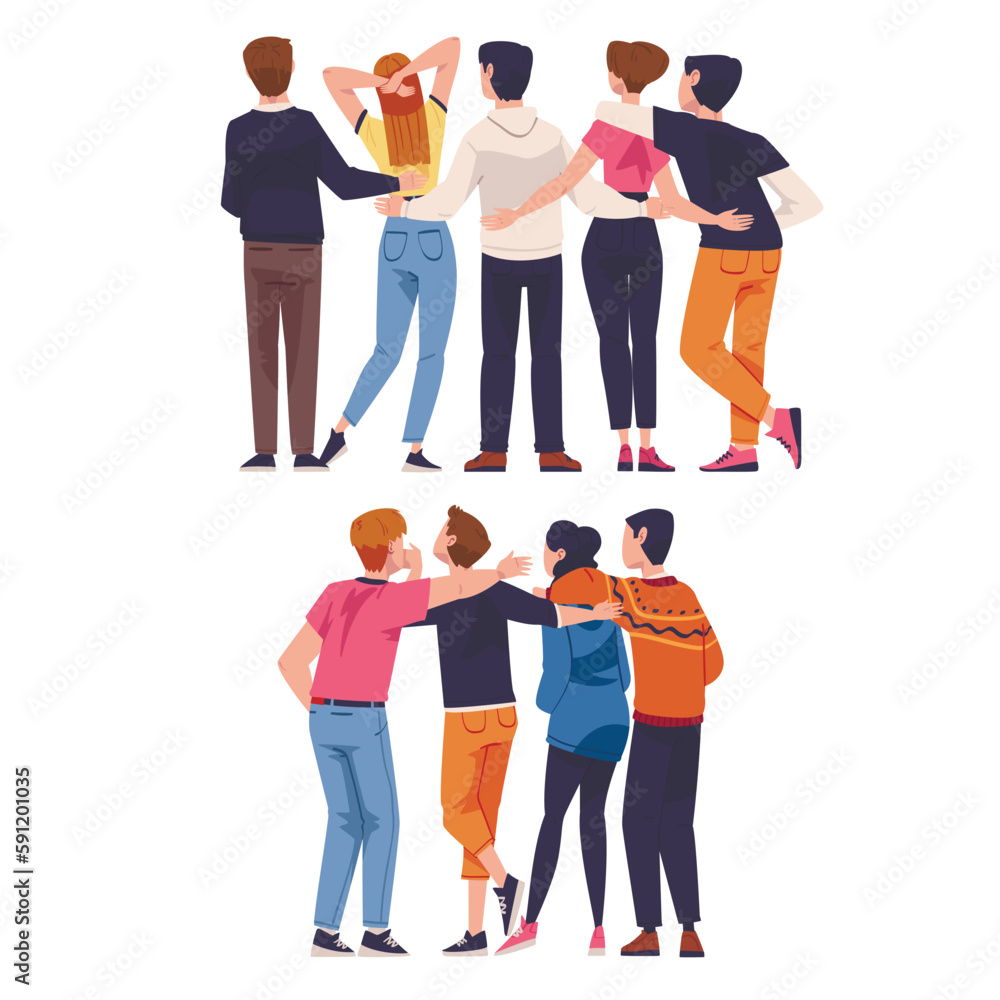 Poster friends from behind hugging and standing together vector set