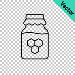 Black line Jar of honey icon isolated on transparent background. Food bank. Sweet natural food symbol. Vector