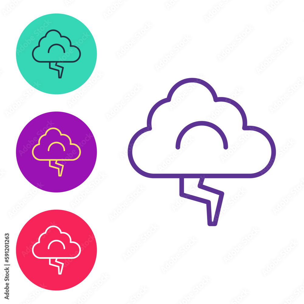 Poster set line storm icon isolated on white background. cloud and lightning sign. weather icon of storm. s
