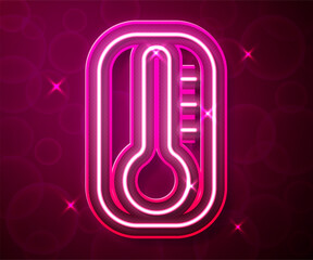 Glowing neon line Meteorology thermometer measuring heat and cold icon isolated on red background. Thermometer equipment showing hot or cold weather. Vector