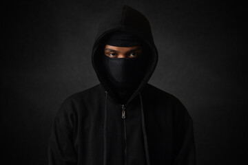 Mysterious man wearing black hoodie and mask standing against dark background, looking at camera....