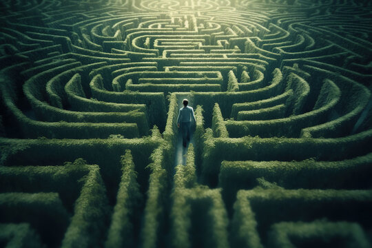 Man entering in green hedge complex maze, created with Generative AI.