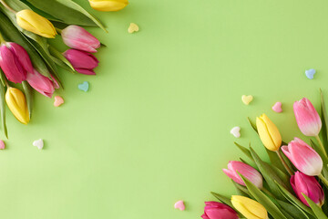 Top view photo of bouquets of flowers yellow pink tulips and small hearts baubles on isolated light green background with empty space in the middle. Mother's Day concept