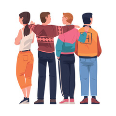 Friends from Behind Hugging and Standing Together Vector Illustration