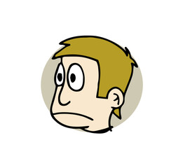 Man face, head avatar profile character with blond hair and serious facial expression. Hand drawn cartoon style colorful vector illustration isolated on white background.