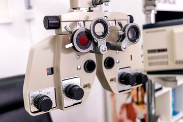 Fototapeta na wymiar Phoropter. Optical Equipment For Eye Examination