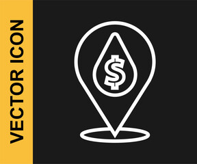 White line Oil drop with dollar symbol icon isolated on black background. Oil price. Oil and petroleum industry. Vector