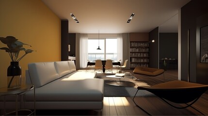 Fototapeta na wymiar Classic modern apartment interior with leather couch, AI generated 