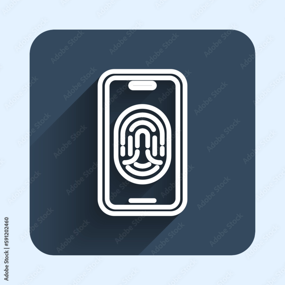Poster white line smartphone with fingerprint scanner icon isolated with long shadow background. concept of