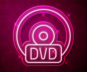 Glowing neon line CD or DVD disk icon isolated on red background. Compact disc sign. Vector