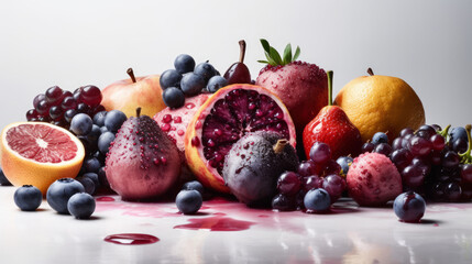 Fototapeta na wymiar fruits and berries on the table, white background. Generative AI Art Illustration