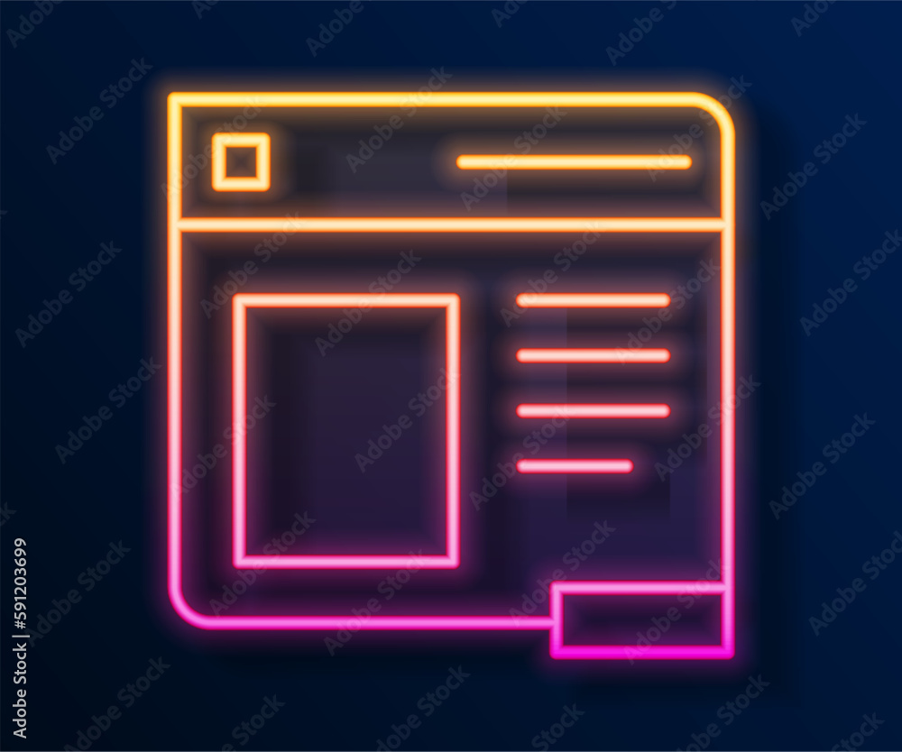 Poster glowing neon line browser window icon isolated on black background. vector