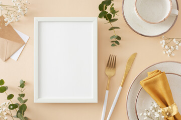 Table decoration concept. Top view photo of vertical photo frame plate cutlery knife fork fabric...