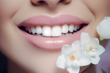 Woman smiling with perfect smile and white teeth, white flowers touching skin. Generative AI