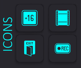 Set Record button, Plus 16 movie, Play video and Fire exit icon. Black square button. Vector