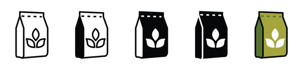 Tea pack icon set. Tea bag package icons. Pouch bag of tea in line, flat, and color style. Vector illustration	