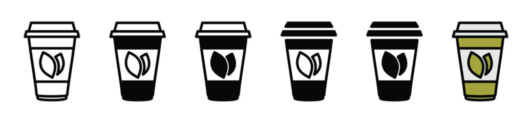 Tea cup icons vector set in line and flat style. Disposable coffee cup and tea cup. Coffee or tea paper cup, plastic container for hot and cold drink, juice, tea, cocoa and other. Vector illustration