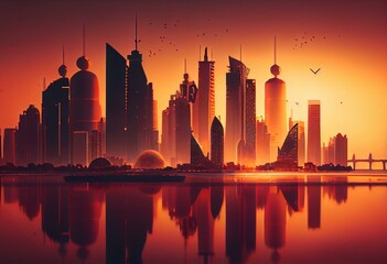 Fototapeta na wymiar A stunning digital illustration of Doha, Qatar at dawn, with warm colors of the sunrise casting a glow across the cityscape. generative ai