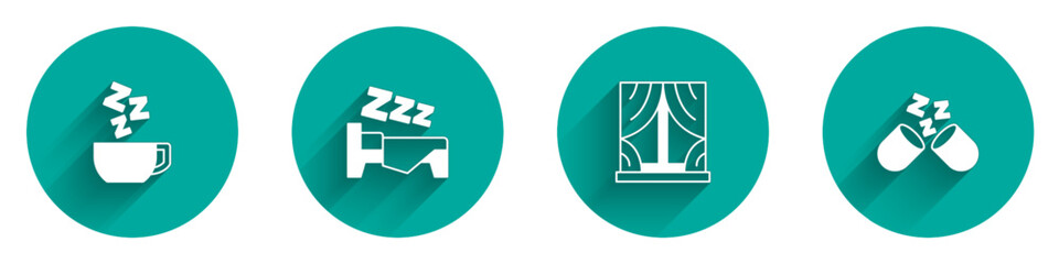 Set Chamomile tea, Time to sleep, Window with curtains and Sleeping pill icon with long shadow. Vector