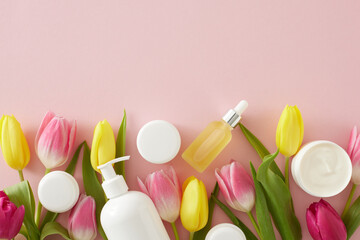 Natural skin care products concept. Top view photo of dropper bottle pump bottle without label cream jars and pink yellow tulips on isolated pastel pink background with empty space