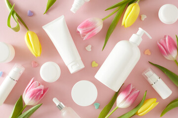 Natural skincare products concept. Top view photo of pump bottle without label cosmetic tubes cream jars small hearts baubles and yellow pink tulips on pastel pink background