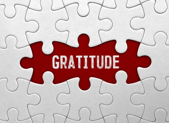 Word Gratitude on red puzzle background