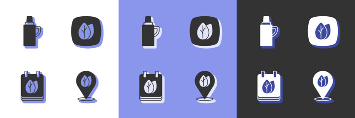 Set Location with leaf, Thermos container, Calendar autumn leaves and Leaf icon. Vector