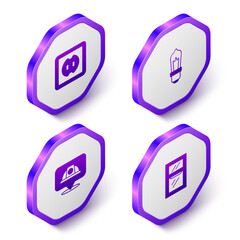Set Isometric Electrical outlet, Light bulb, Worker safety helmet and Window in room icon. Purple hexagon button. Vector