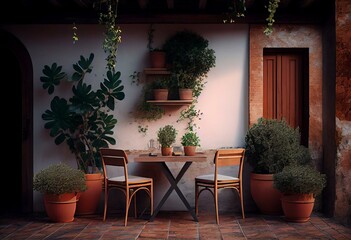 Obraz na płótnie Canvas a patio with a table and chairs and a potted plant on the side of the wall and a potted plant on the other side of the wall. generative ai