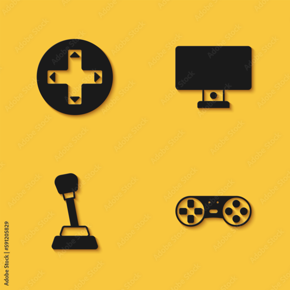 Poster set game controller or joystick, gear shifter and computer monitor icon with long shadow. vector