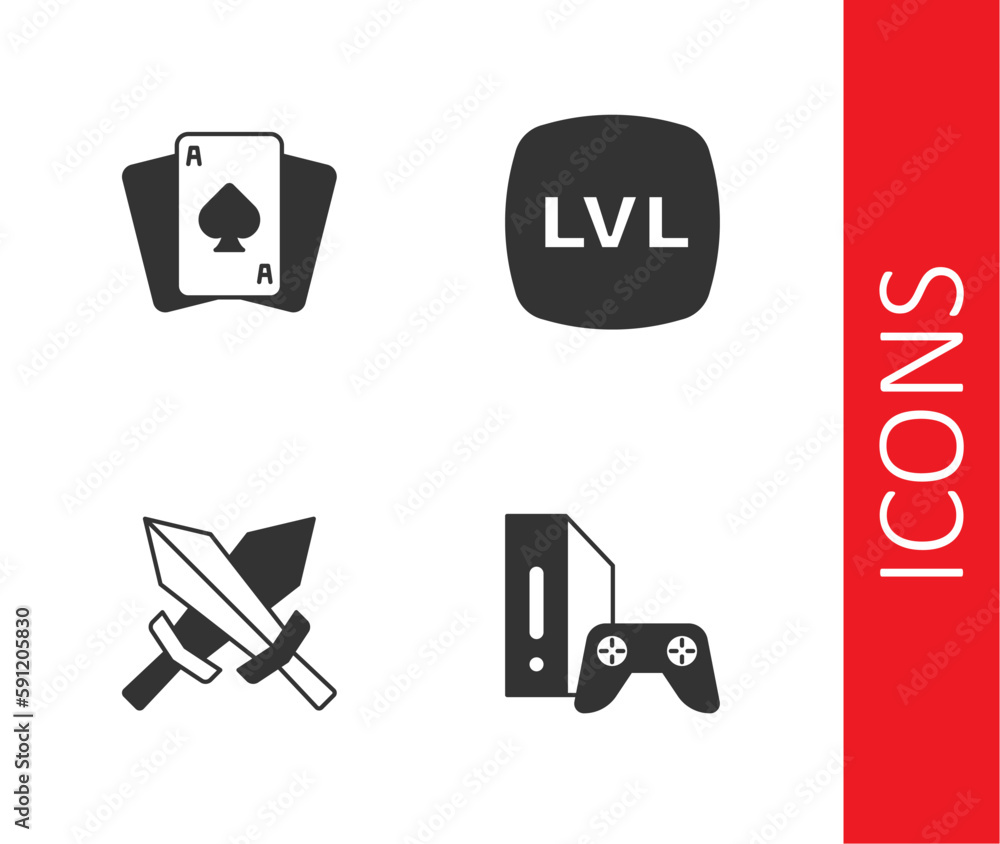 Poster set game console with joystick, playing cards, sword for game and level icon. vector