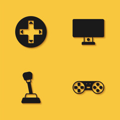 Set Game controller or joystick, Gear shifter and Computer monitor icon with long shadow. Vector