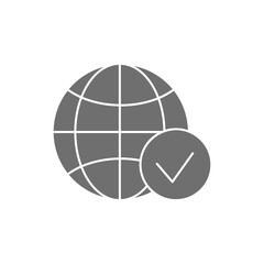 Earth globe with check mark grey fill icon. Global technology, internet, social network symbol design.