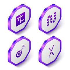 Set Isometric Crossword, Board game, Classic dart board and arrow and Crossed billiard cues icon. Purple hexagon button. Vector