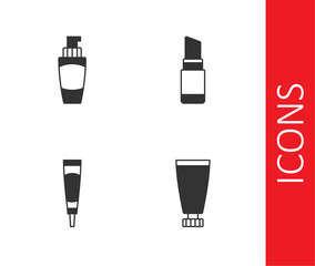 Set Cream or lotion cosmetic tube, Tube of hand cream, and Lipstick icon. Vector