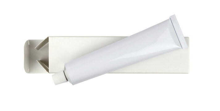 White cream tube on its white box isolated from background - top view
