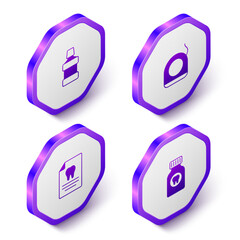 Set Isometric Mouthwash, Dental floss, Clipboard with dental card and Toothache painkiller tablet icon. Purple hexagon button. Vector