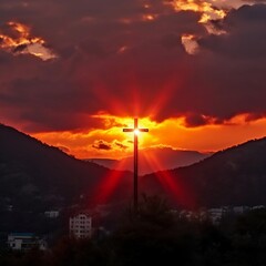 Fototapeta premium Sunset sky with church cross, Sunset, Holy Church of Jesus Christ