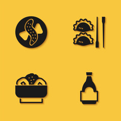 Set Served cucumber on a plate, Soy sauce bottle, Chow mein and Dumpling with chopsticks icon with long shadow. Vector