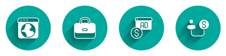 Set Worldwide, Briefcase, Advertising and Human and money icon with long shadow. Vector
