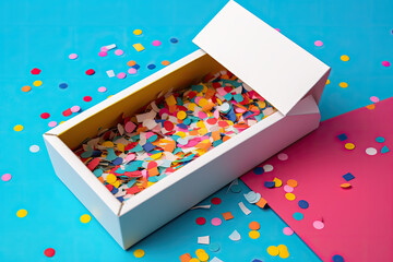 Colorful confetti into a box on blue background. AI generative.