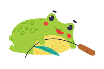 Cute Fat Green Frog or Toad Character with Swamp Reed Vector Illustration