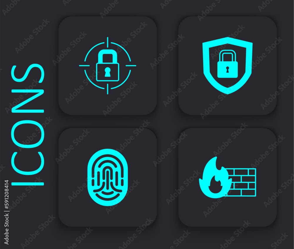 Poster Set Firewall, security wall, Lock, Shield with lock and Fingerprint icon. Black square button. Vector