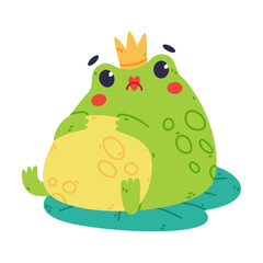 Cute Fat Green Frog or Toad Character with Crown Sitting on Lily Pad Vector Illustration
