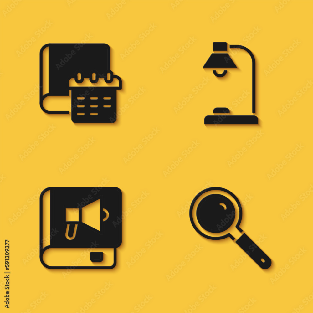 Poster set daily paper notepad, magnifying glass, book and table lamp icon with long shadow. vector