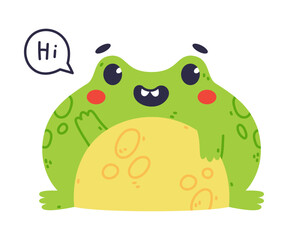Cute Fat Green Frog or Toad Character Greeting Saying Hi Vector Illustration