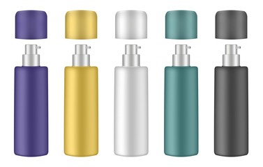 Set of cosmetic bottles with pump. Dispenser. Purple, yellow, green, white and black containers. Serum or facial cream.	
