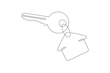 One continuous line.House keys. Bunch of keys. Keys with keychain in the shape of a house. House logo. Sale and rental of real estate.One continuous line drawn isolated, white background.