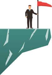 Fototapeta premium Businessman with suit at the top of the mountain peak with a red flag. Concept of success and achievement. Flat Illustration.