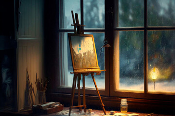 The easel and drawing board stand by the window on a rainy day, awaiting the artist's inspiration to paint a masterpiece. Generative AI